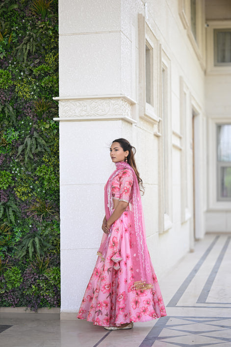 Pink Multicolor Floral Embellished Organza Lehenga