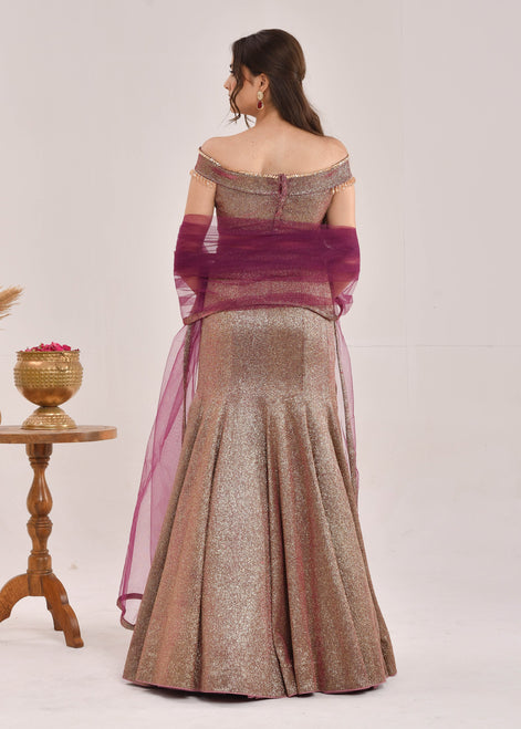 Wine Hand-Embroidered Metallic Lurex Lycra Fishcut Lehenga