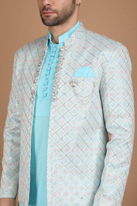 Aqua Blue Silk Nehru Jacket Set