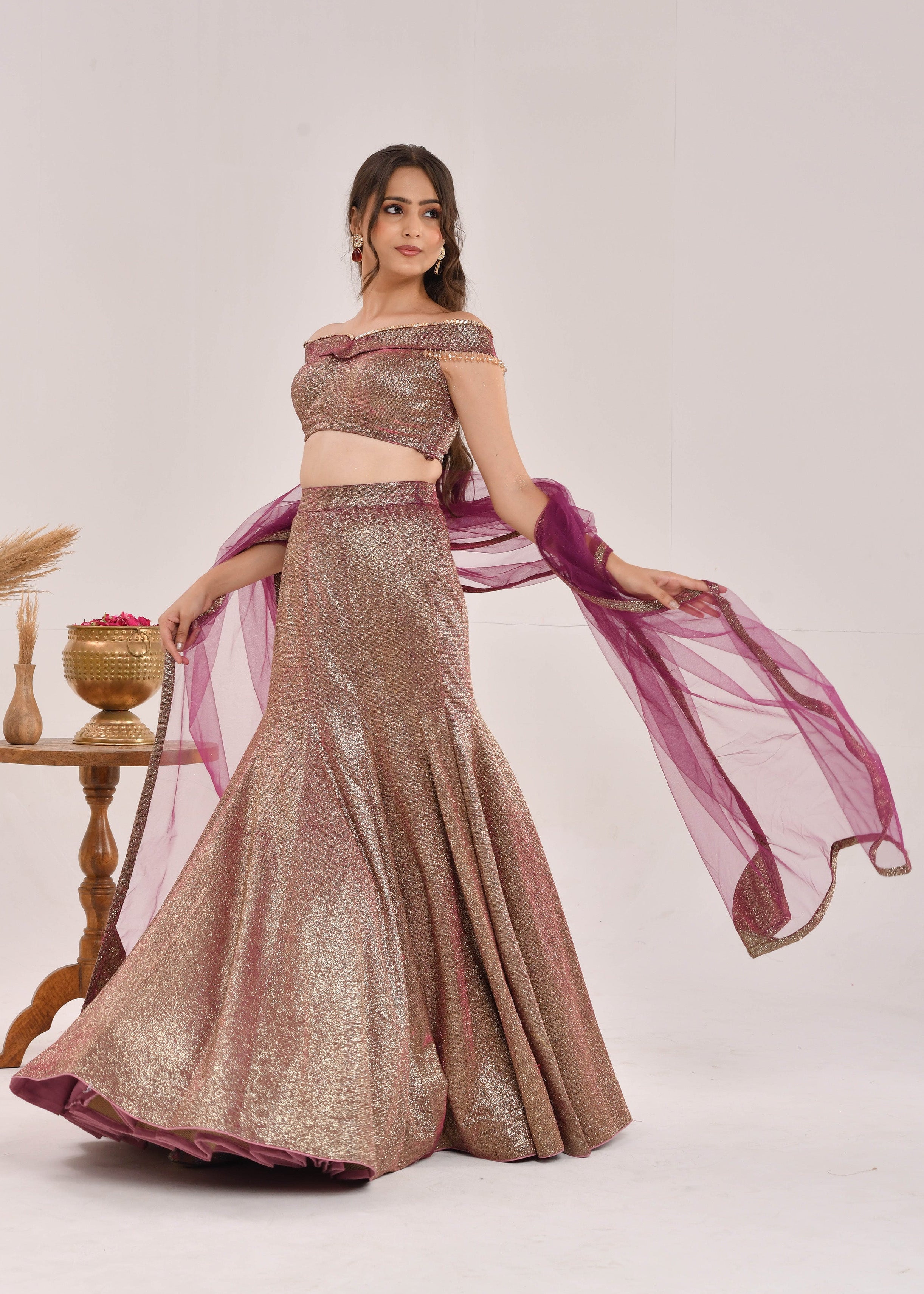Wine Hand-Embroidered Metallic Lurex Lycra Fishcut Lehenga