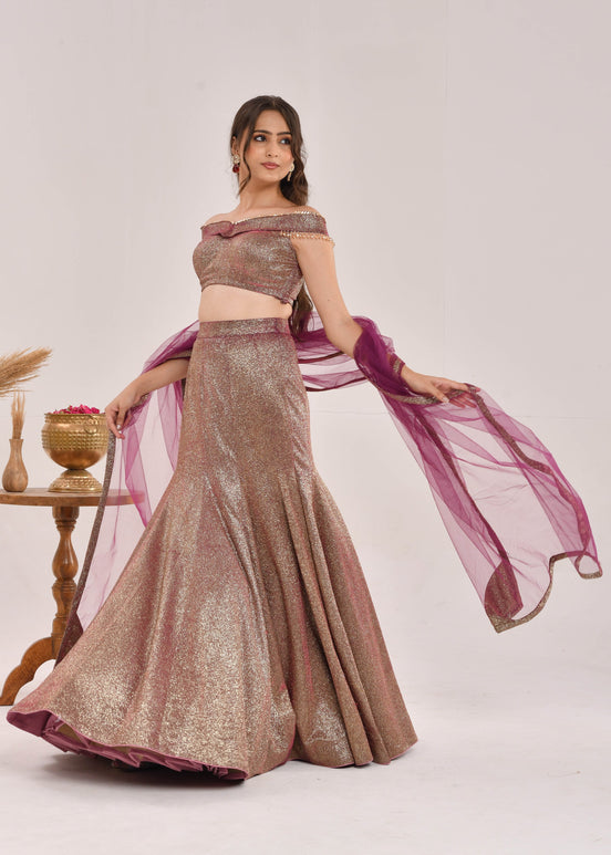 Wine Hand-Embroidered Metallic Lurex Lycra Fishcut Lehenga