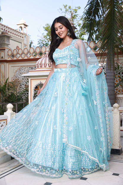 Sky Blue Embroidered Net Lehenga