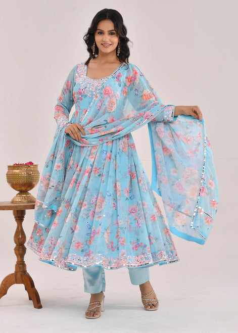 Sky Blue Floral Printed Hand-Embroidered Georgette Anarkali Suit