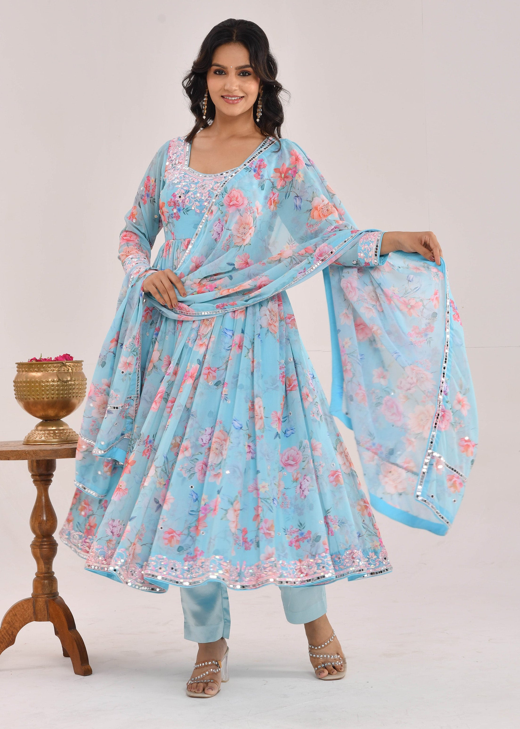 Sky Blue Floral Printed Hand-Embroidered Georgette Anarkali Suit