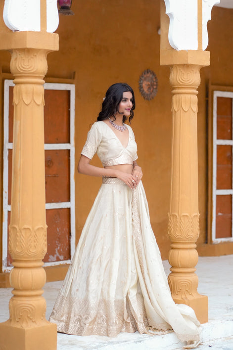 White Embroidered Silk Lehenga