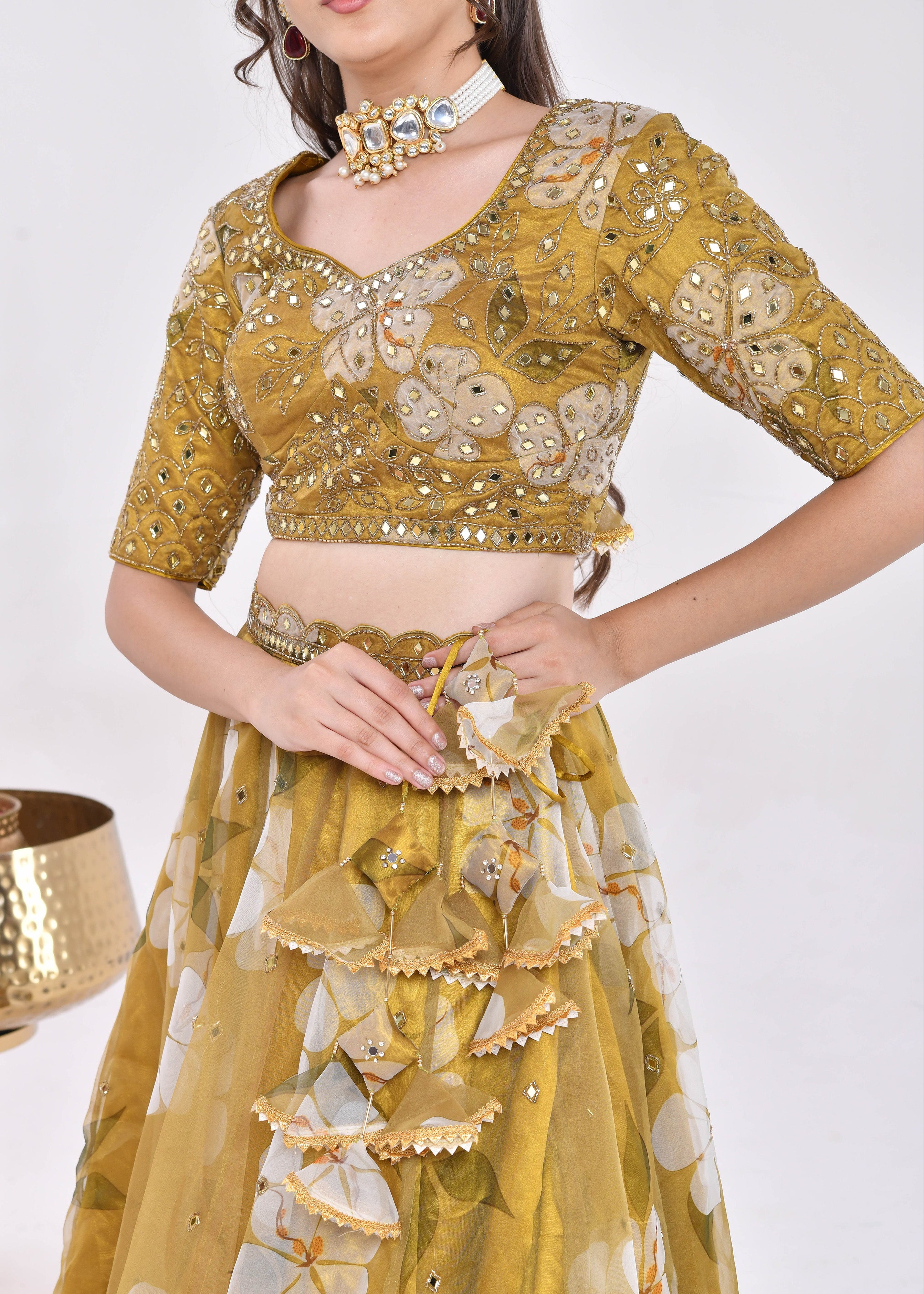Mustard Gold Floral Hand-Embroidered Organza Lehenga