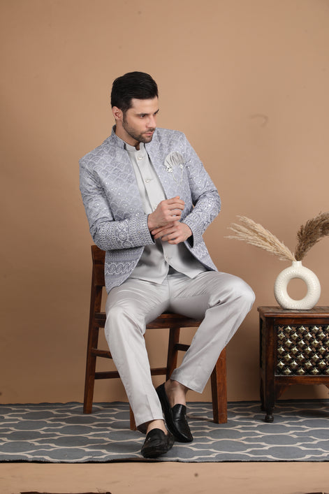 Grey Silk Indo-Western Suit