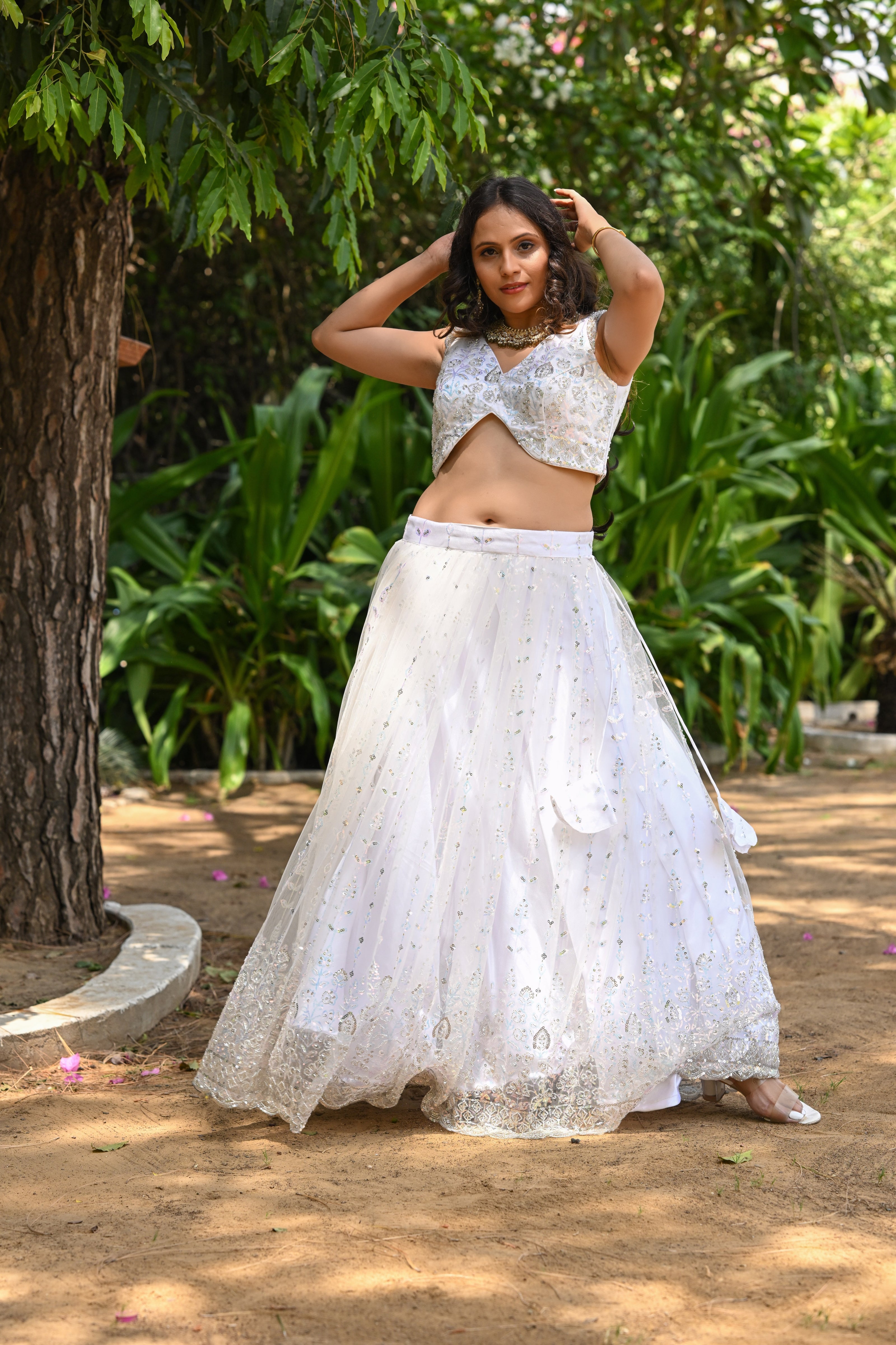 White Sparkle Embroidered Net Lehenga