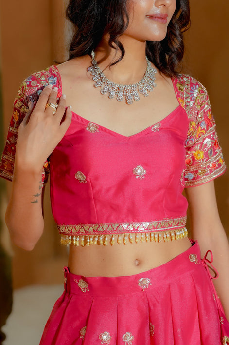 Pink Embroidered Georgette Lehenga