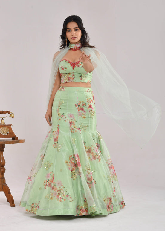 Mint Green Floral Hand-Embroidered Glass Tissue Fishcut Lehenga