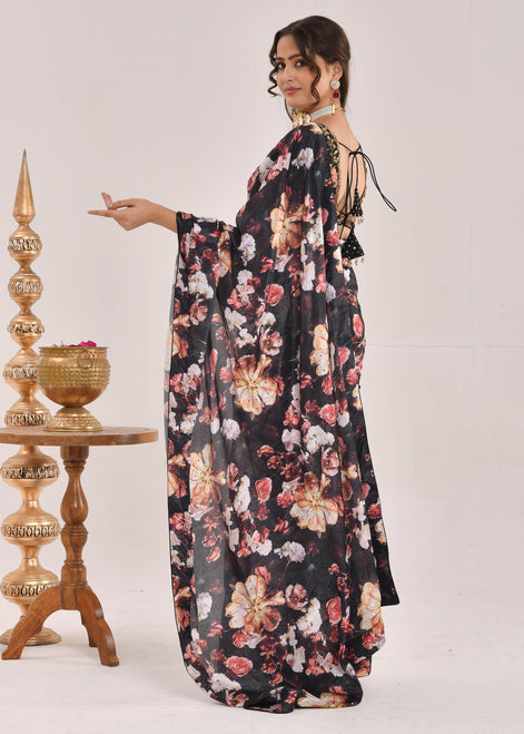 Black Floral Printed Hand-Embroidered Chiffon Saree