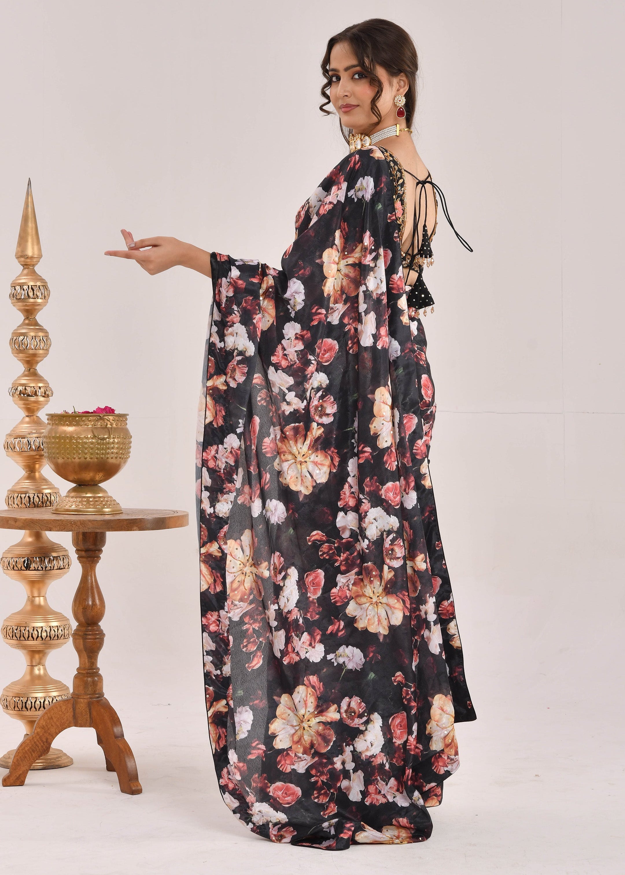 Black Floral Printed Hand-Embroidered Chiffon Saree