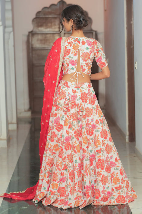 White Multicolor Floral Embroidered Silk Lehenga