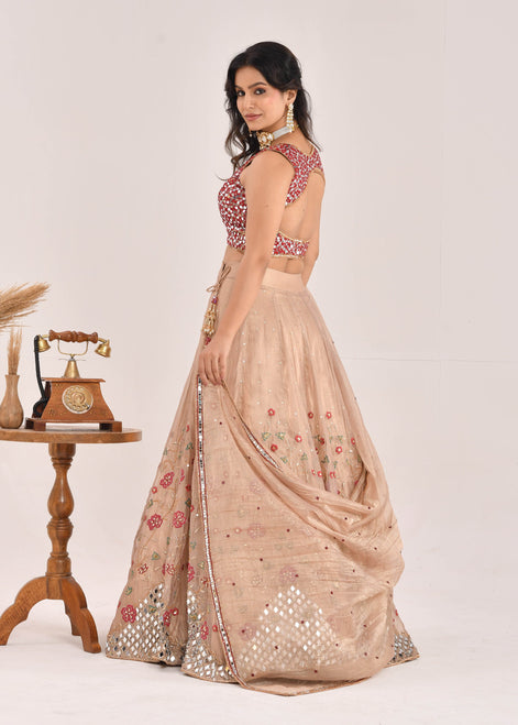 Gold and Red Embroidered Raw Tissue Lehenga