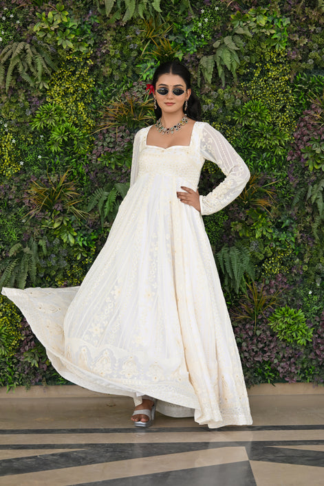 White and Beige Thread Embroidered Georgette Anarkali