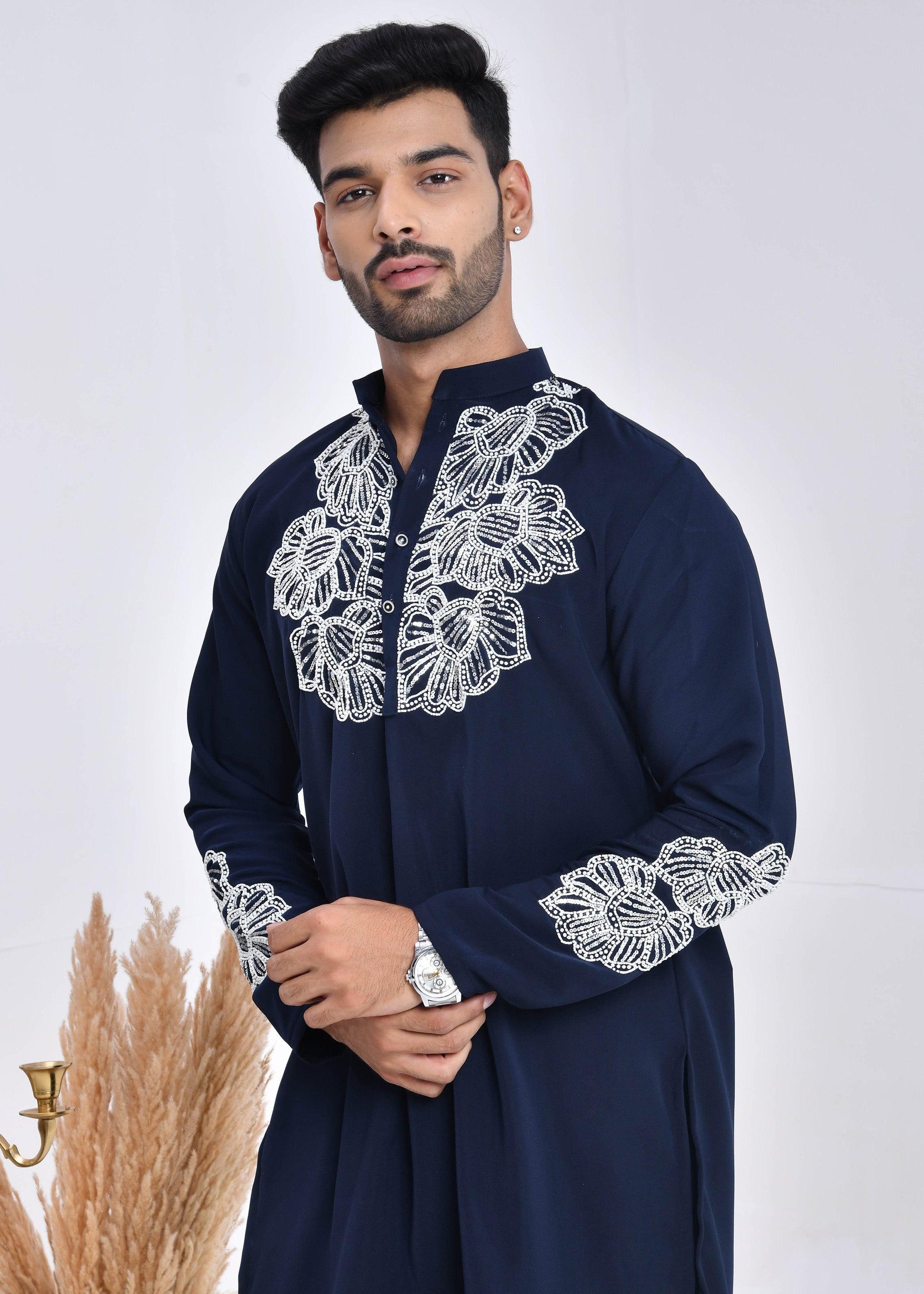 Navy Blue Hand-Embroidered Japanese Satin Kurta Set