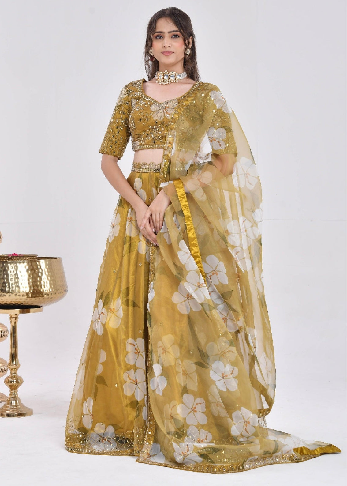 Mustard Gold Floral Hand-Embroidered Organza Lehenga