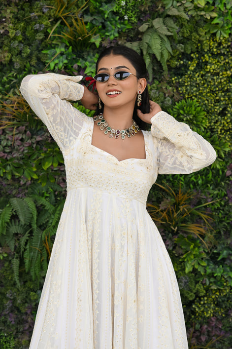 White and Beige Thread Embroidered Georgette Anarkali