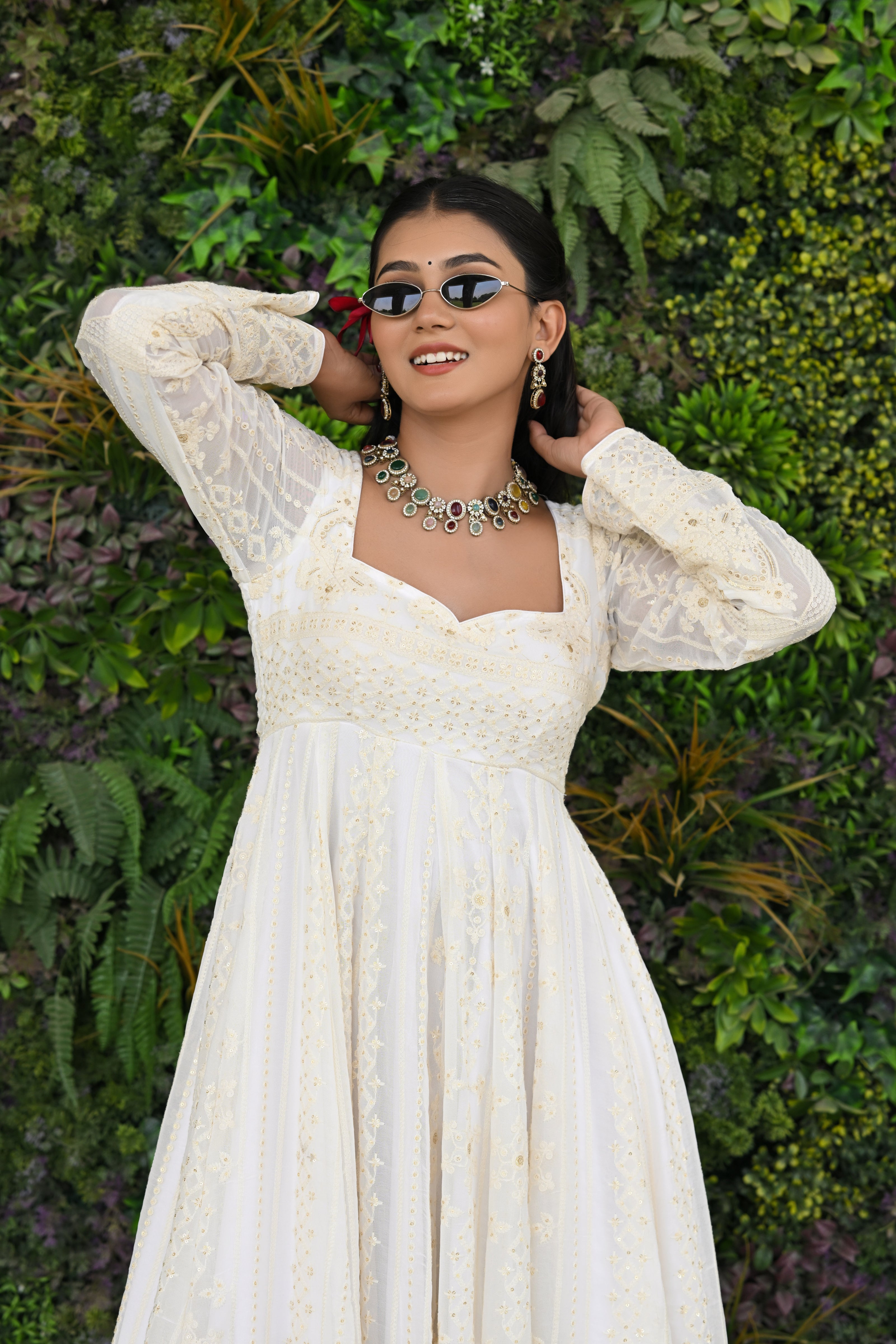 White and Beige Thread Embroidered Georgette Anarkali