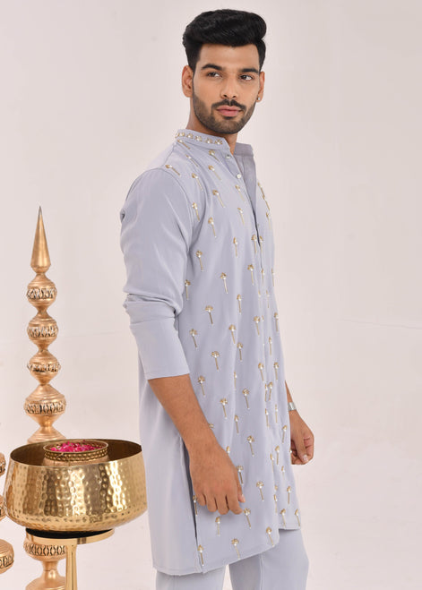 Powder Blue Hand-Embroidered Silk Kurta Set