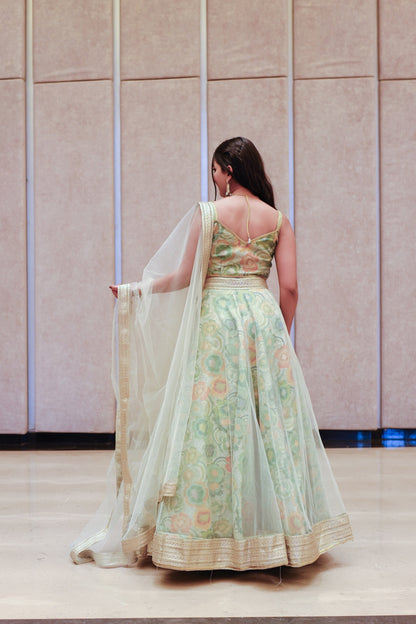 Mint Green Multicolor Floral Embroidered Net Lehenga
