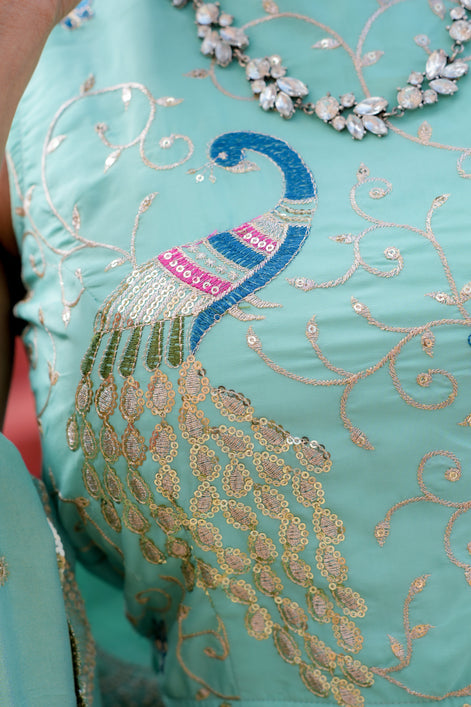 Mint Embroidered Silk Lehenga