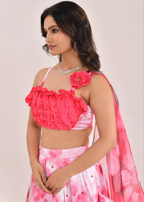 Pink Floral Hand-Embroidered Satin Silk Lehenga