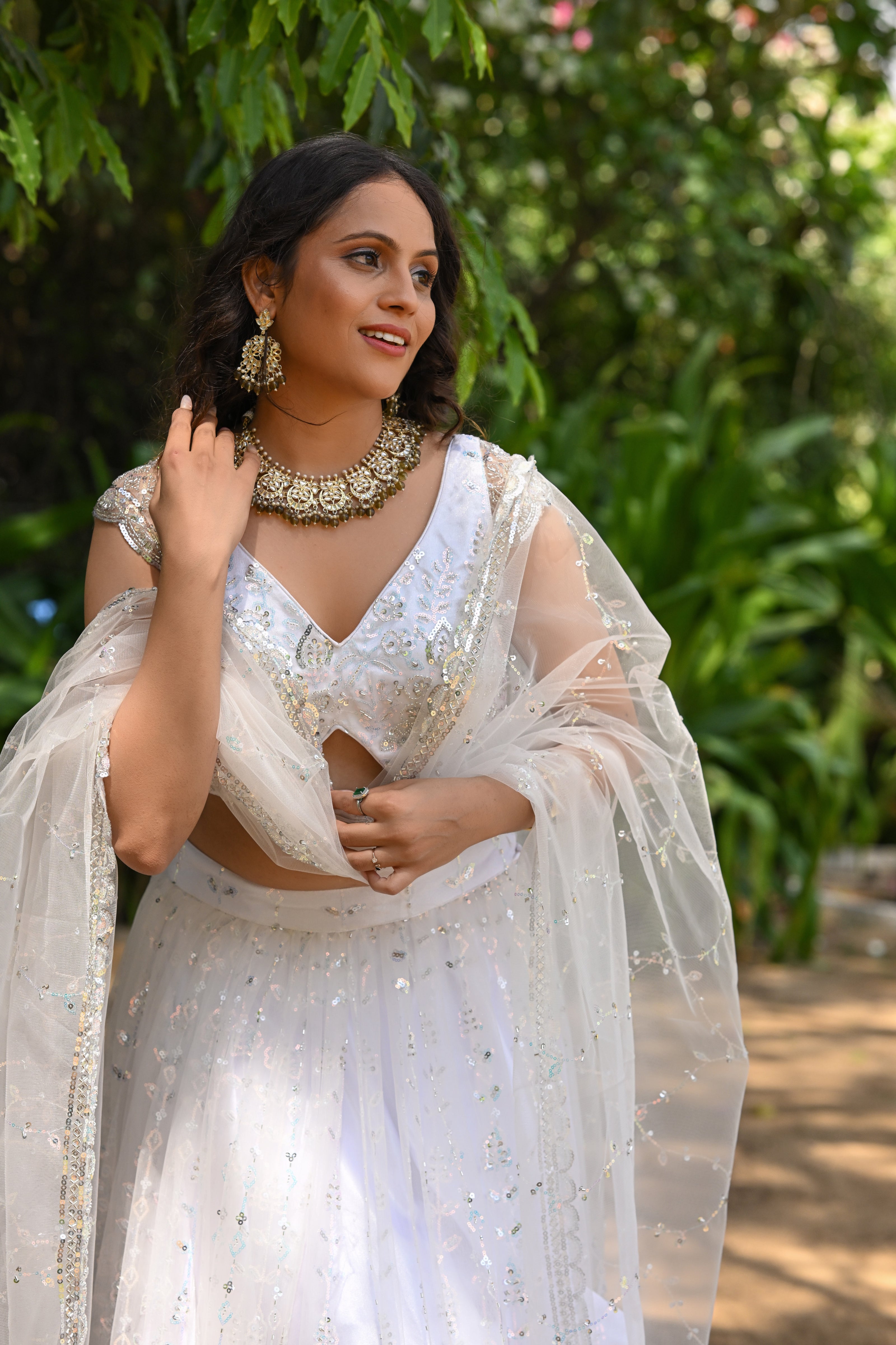 White Sparkle Embroidered Net Lehenga