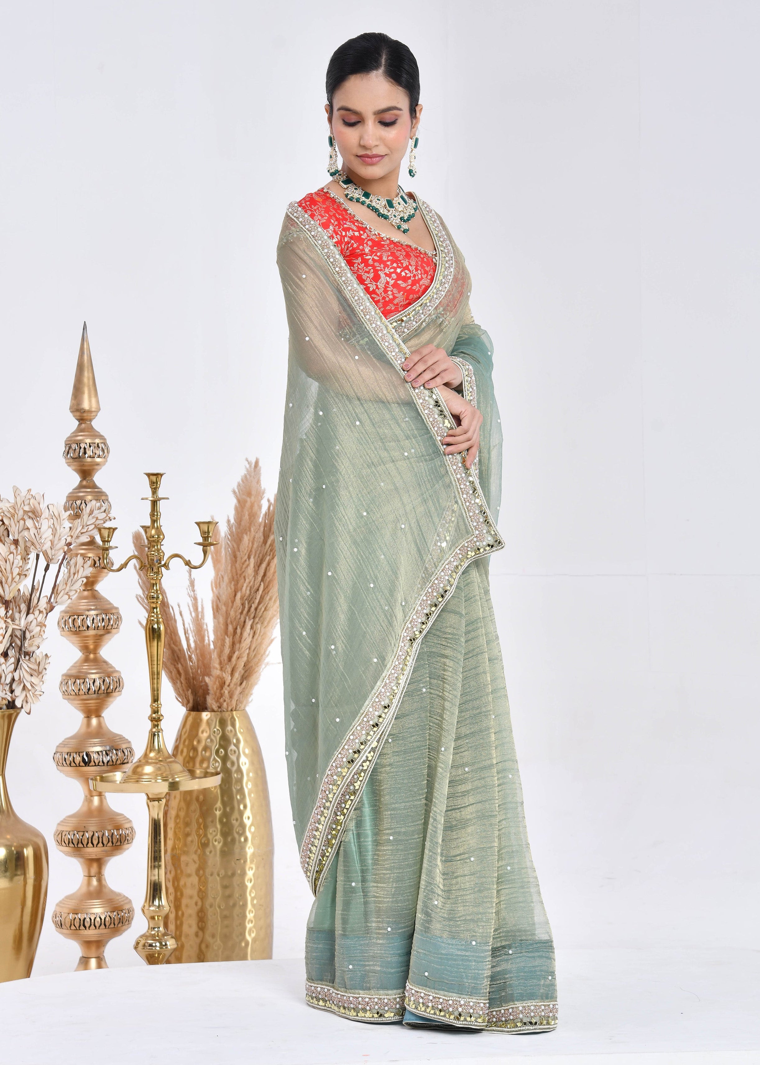 Sage Green Hand-Embroidered Tissue Saree
