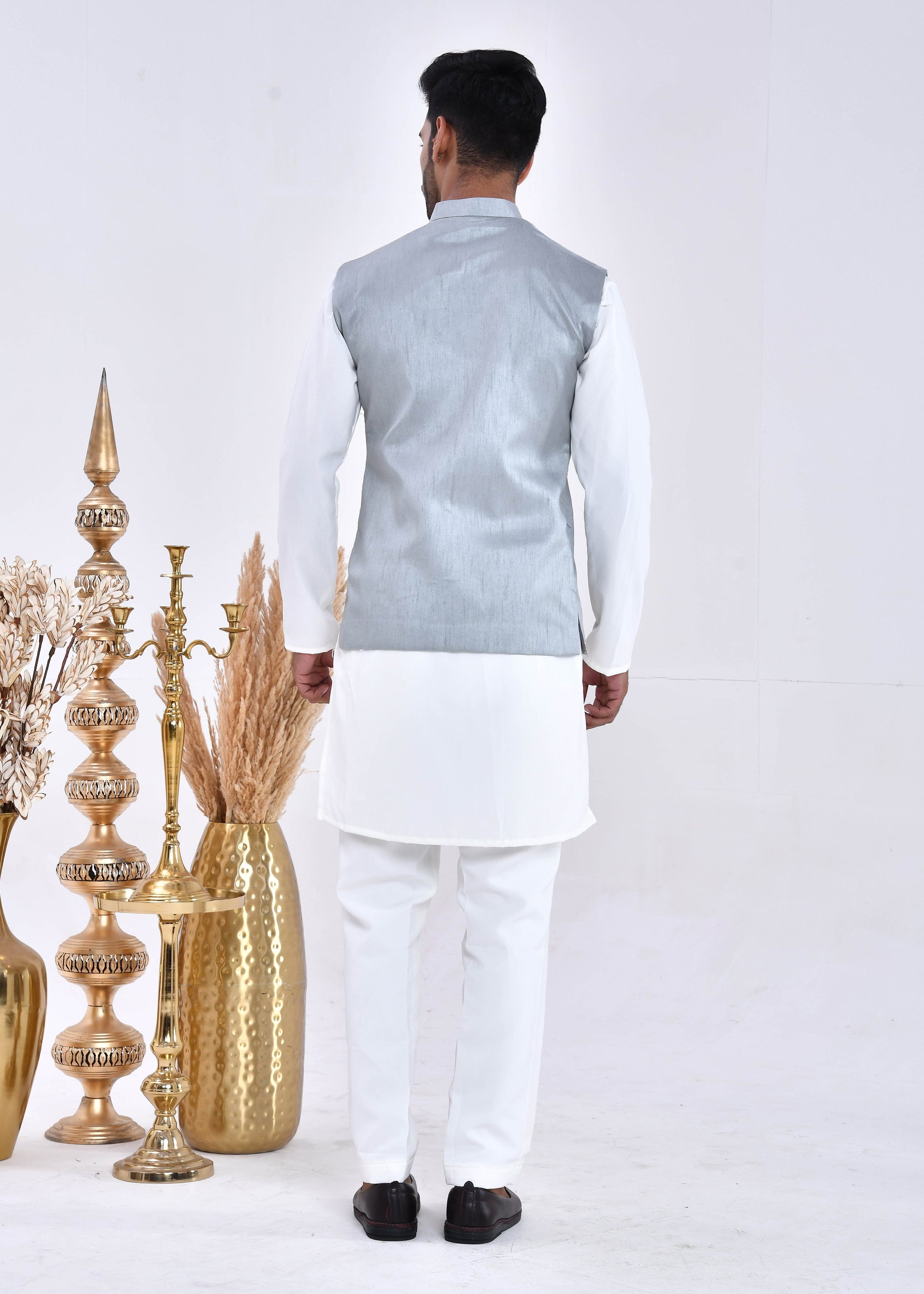 Grey Embroidered Raw Silk Nehru Jacket Set