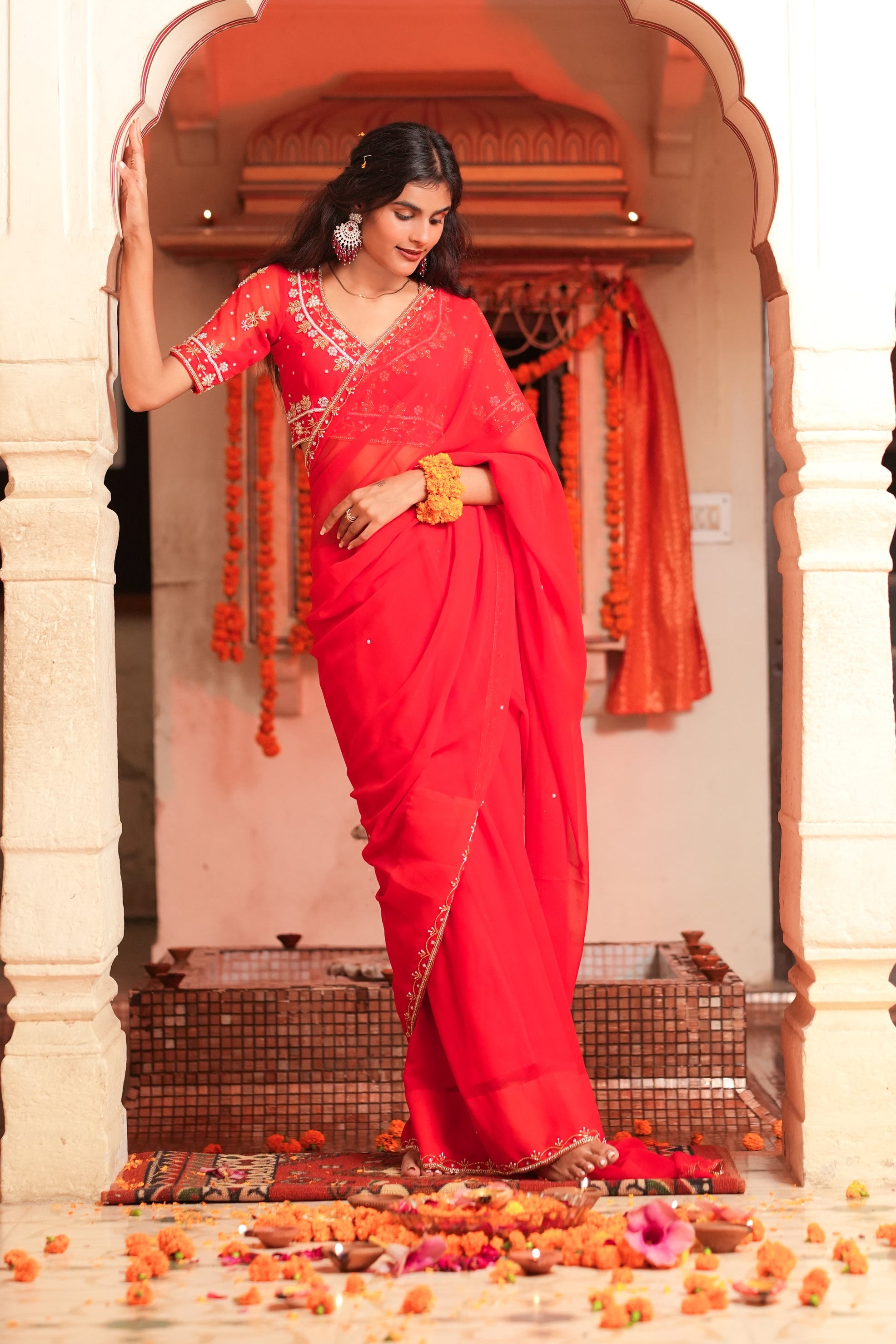 Red Handwork Georgette Saree