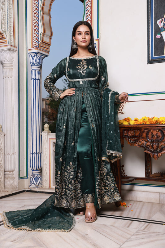 Midnight Green Embroidered Silk Anarkali