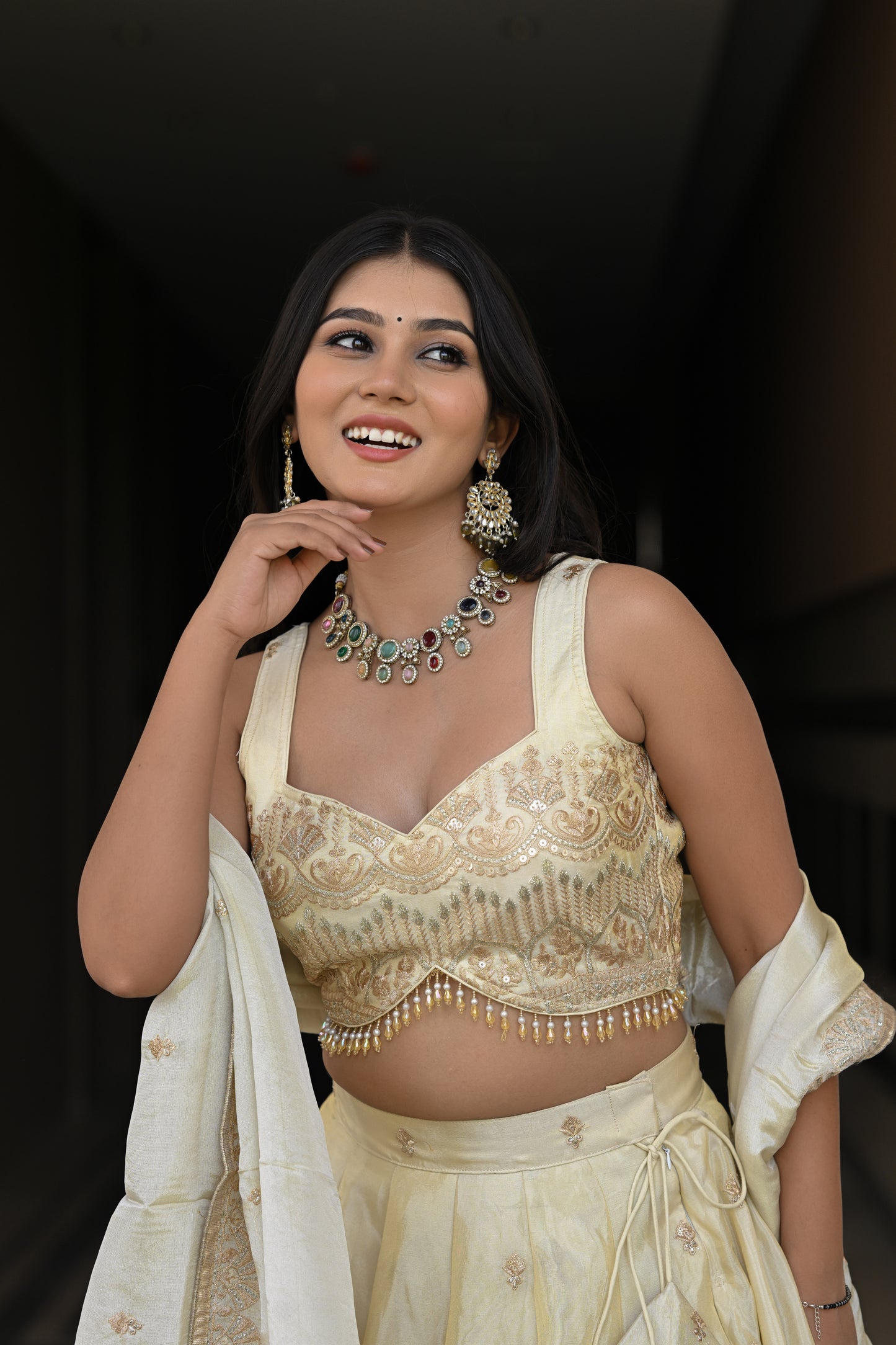 Off-White and Beige Embroidered Silk Lehenga