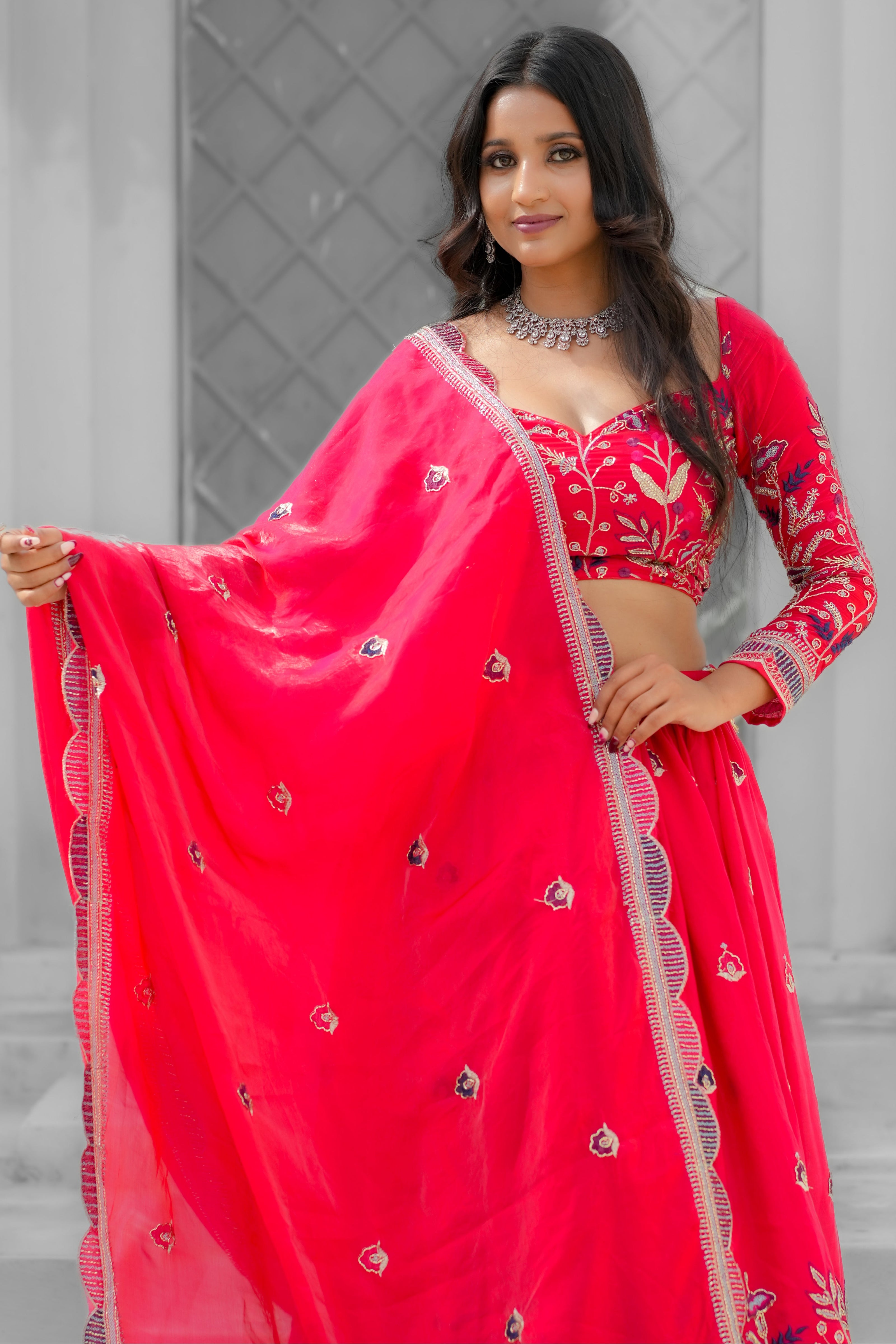 Red Hand Embroidered Silk Lehenga