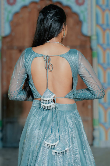 Light Blue Embroidered Chiffon Lehenga