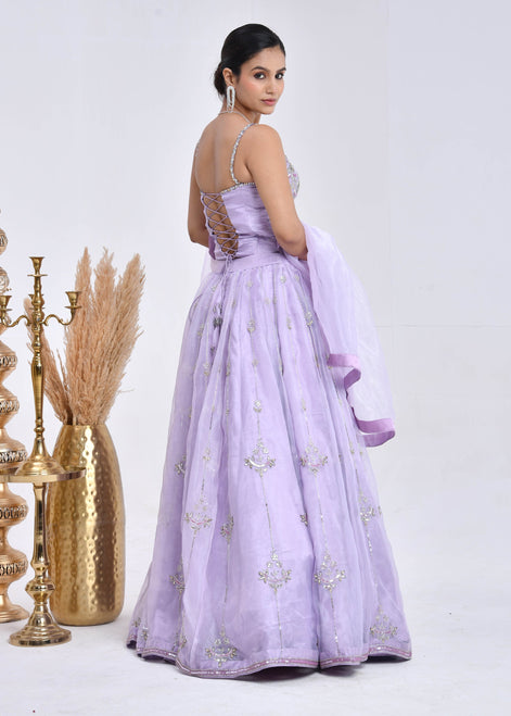 Lavender Hand-Embroidered Organza Lehenga
