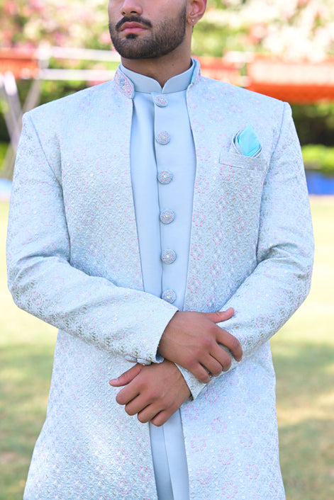 Sky Blue Multicolor Floral Embroidered Sherwani