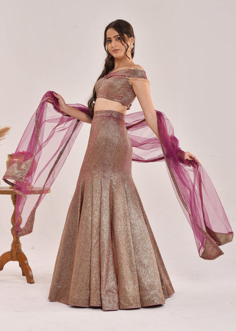 Wine Hand-Embroidered Metallic Lurex Lycra Fishcut Lehenga