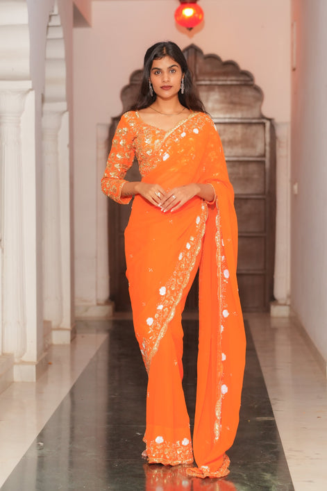 Orange Hand Embroidery Georgette Saree