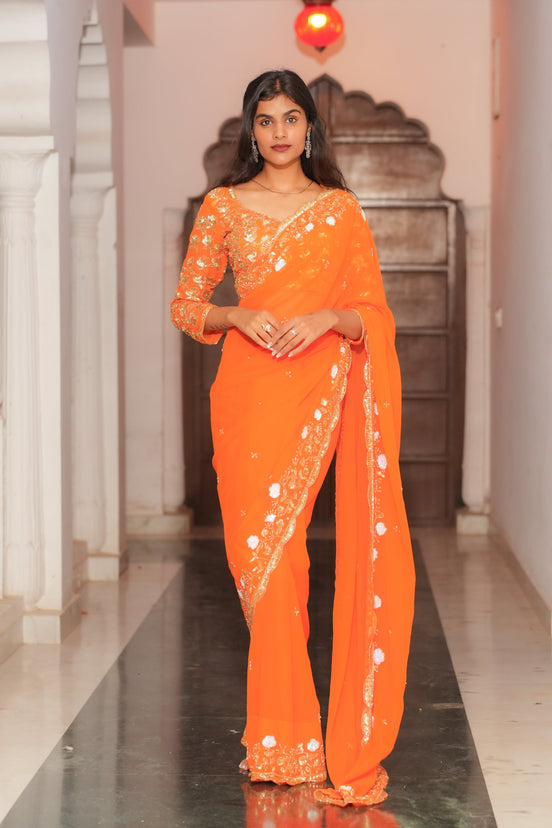 Orange Hand Embroidery Georgette Saree