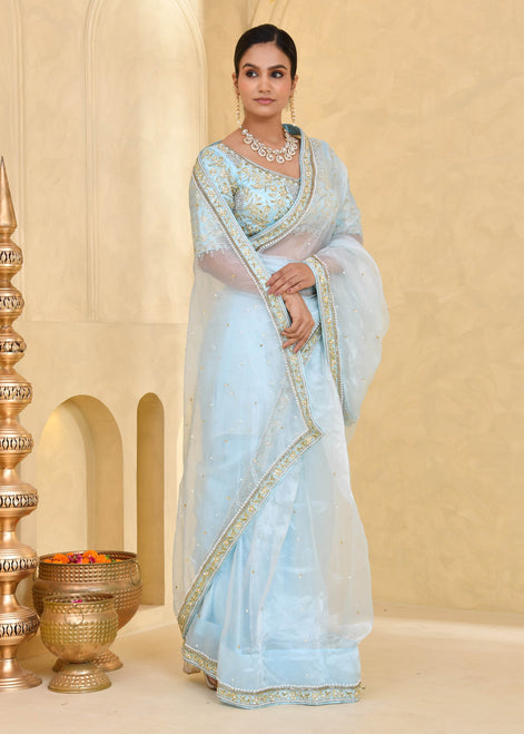 Sky Blue Hand-Embroidered Tissue Saree