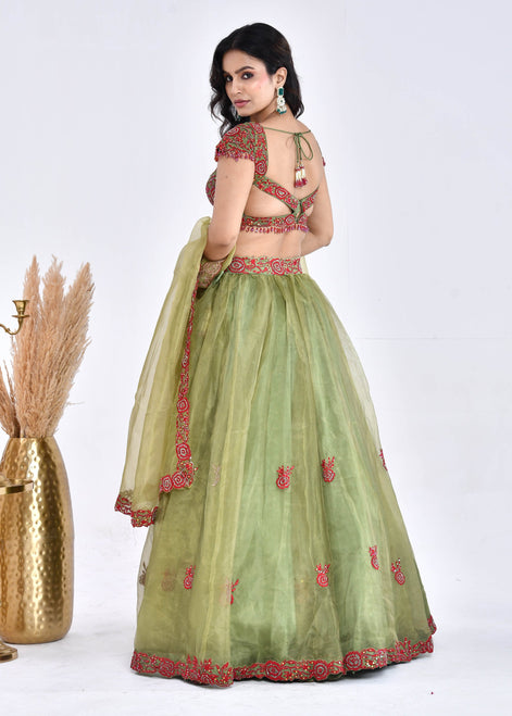 Olive Green Hand-Embroidered Silk Lehenga