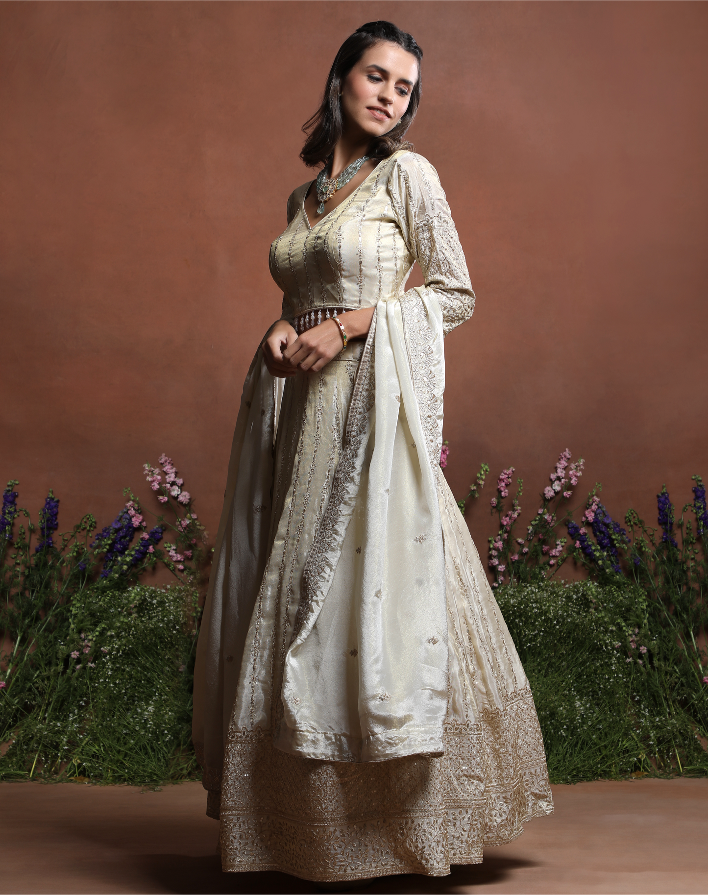 Off-White Embroidered Silk Lehenga
