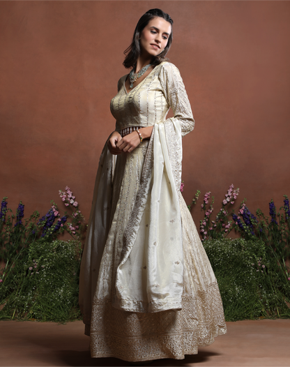 Off-White Embroidered Silk Lehenga