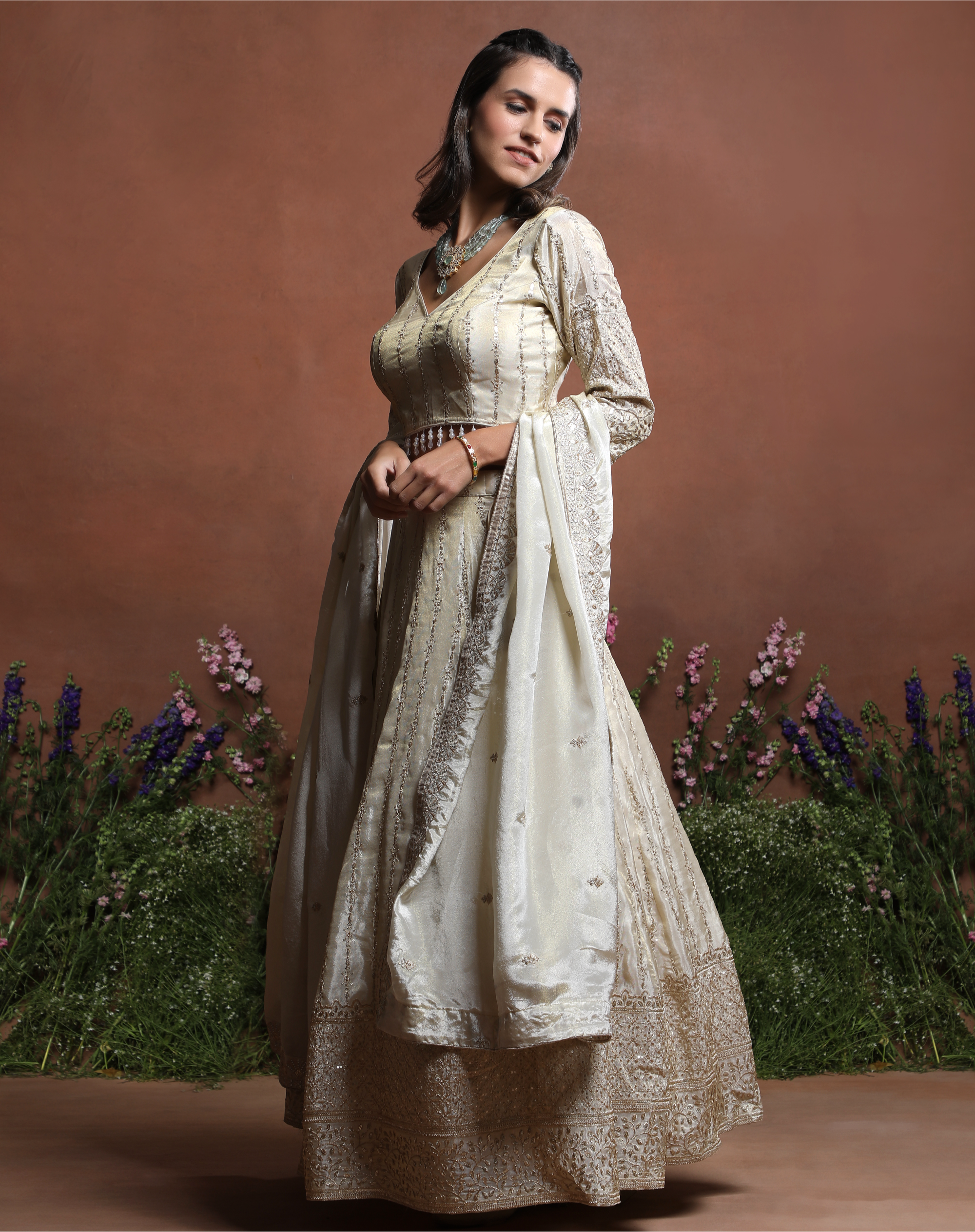 Off-White Embroidered Silk Lehenga
