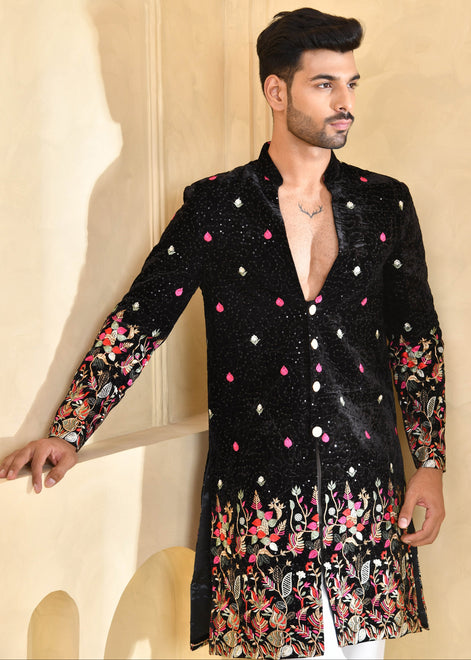 Black Embroidered Velvet Indo-Western Suit