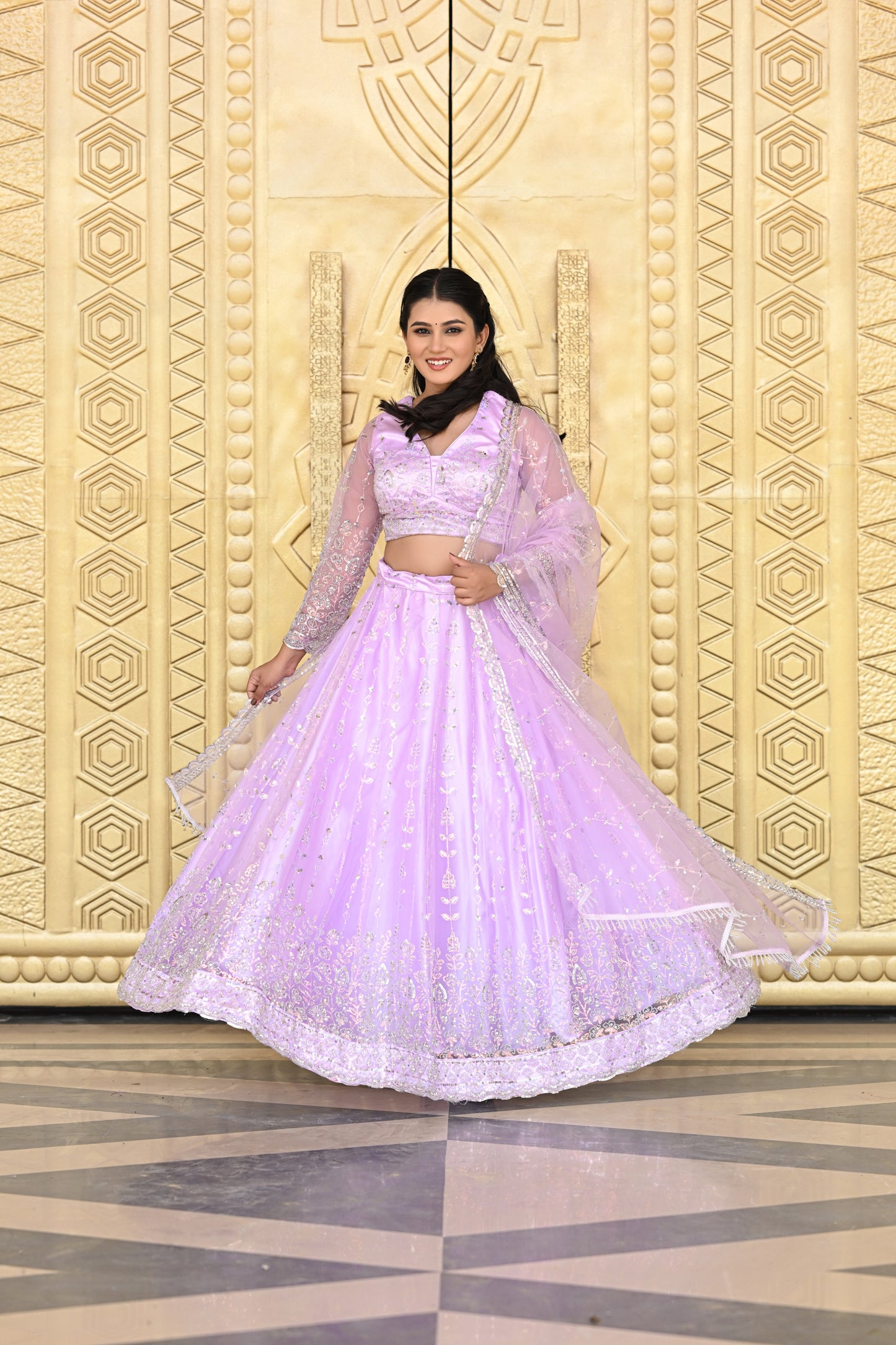 Lavender Pink Sparkle Embroidered Net Lehenga