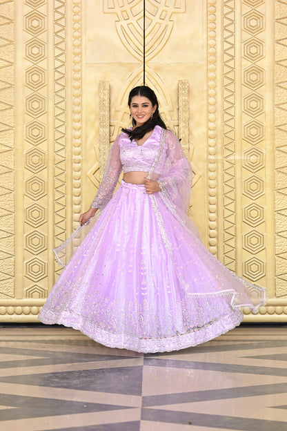 Lavender Pink Sparkle Embroidered Net Lehenga