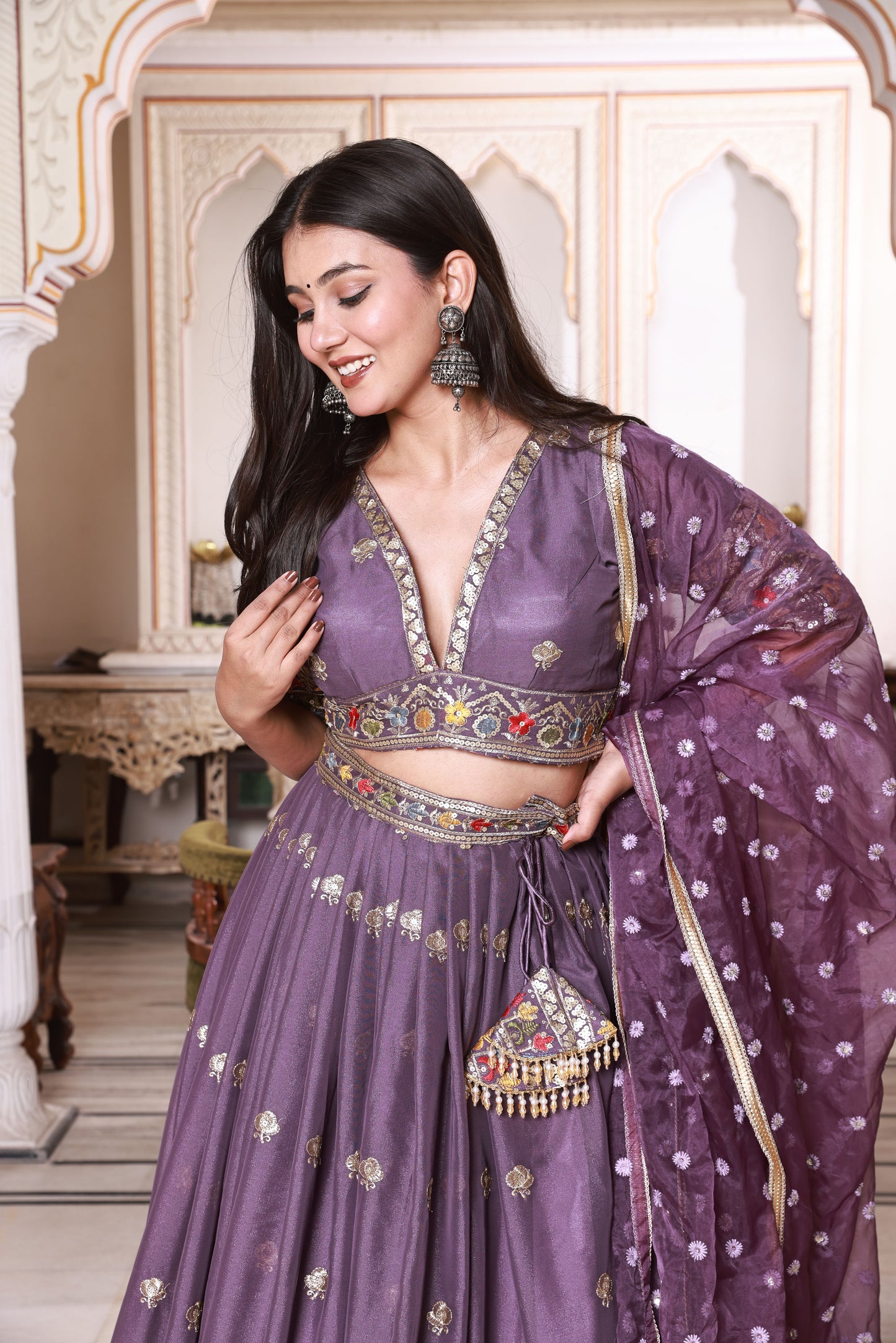 Plum Embroidered Silk Lehenga