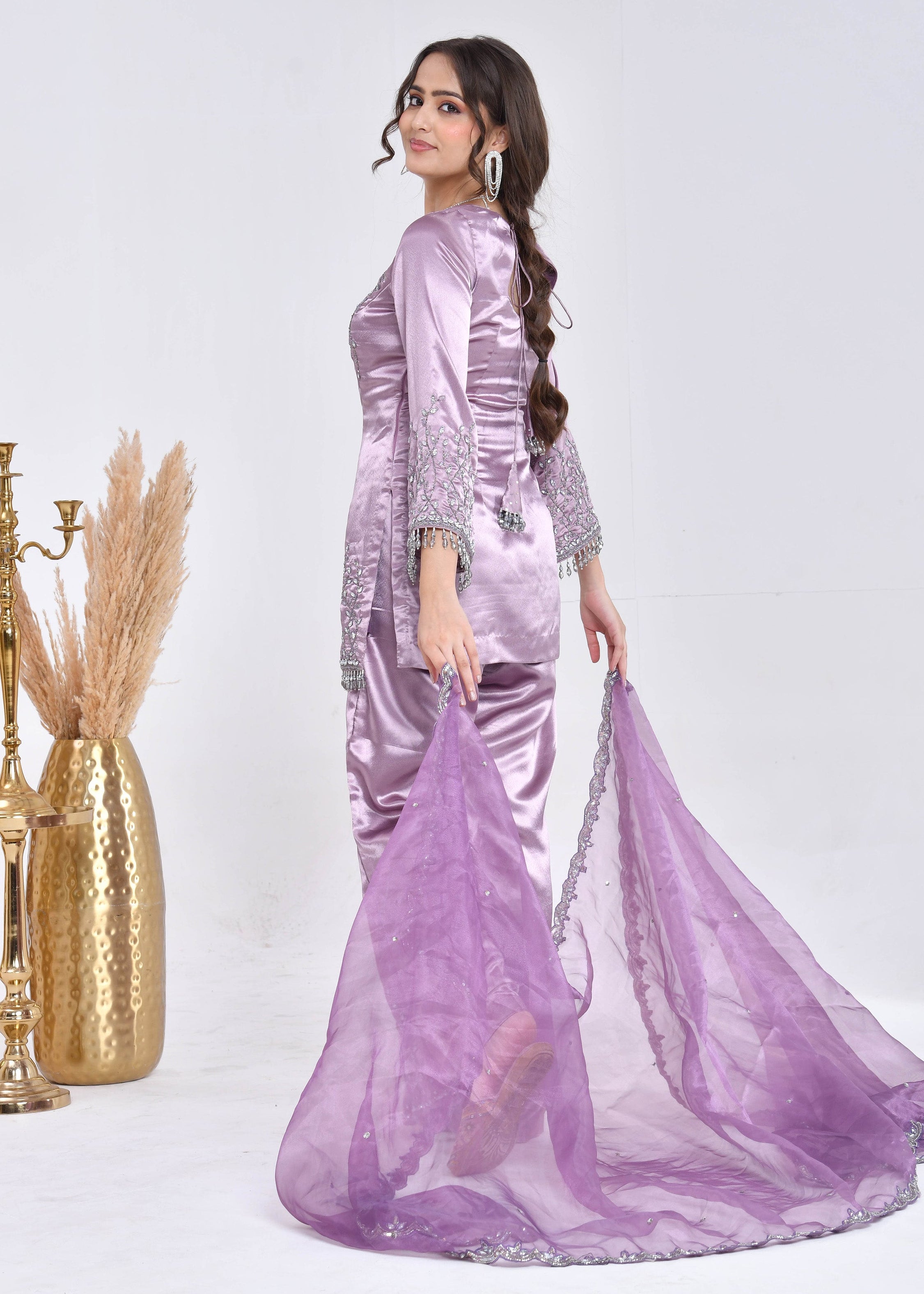 Mauve Hand-Embroidered Satin Sharara Suit